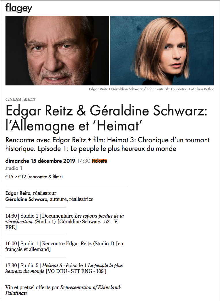 Affiche. Flagey. Edgar Reitz & Géraldine Schwarz - l|Allemagne et « Heimat ».  Episode 1. Le peuple le plus heureux du monde. 2019-12-15